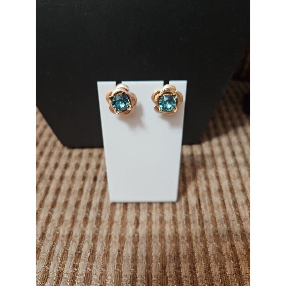 Aqua Swarovski Element with Tan Rosette Pierced Earrings
